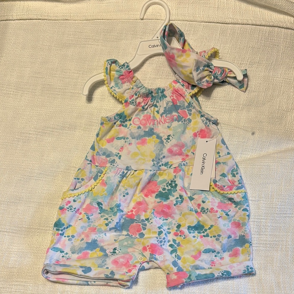 Calvin Klein Baby Floral Romper with Headband